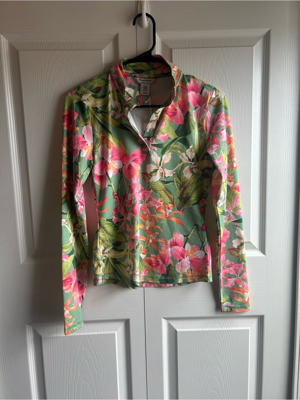 Tommy Bahama Green Floral Long Sleeve Top with Pink Blooms